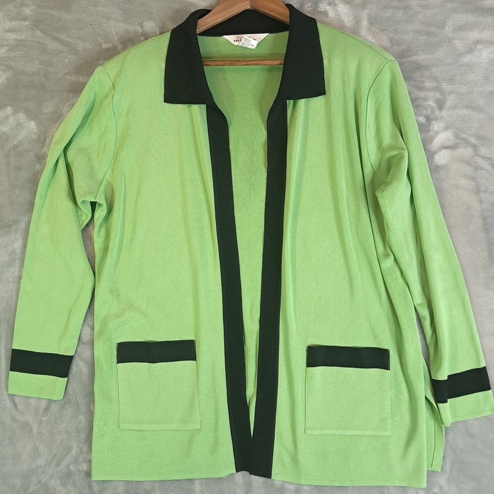 Exclusively Misook Open Cardigan Sweater Size M Green Black Long Sleeve